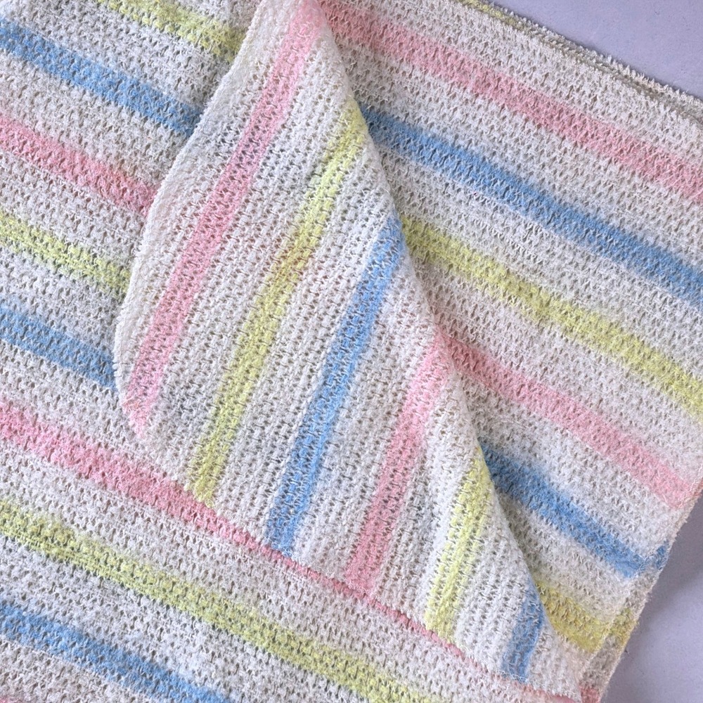 Vtg Baby Blanket 32x33 Pastel Stripe Thermal Acrylic Woven Pnk Blue Ylw Beacon